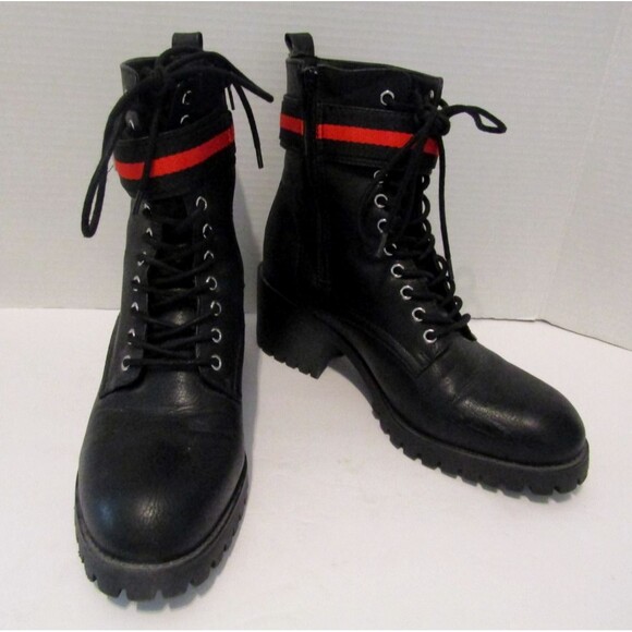 Madden NYC Georgiana Combat Boots Black Red Stripe Buckle Lug Sole 9.5 M - Picture 3 of 8